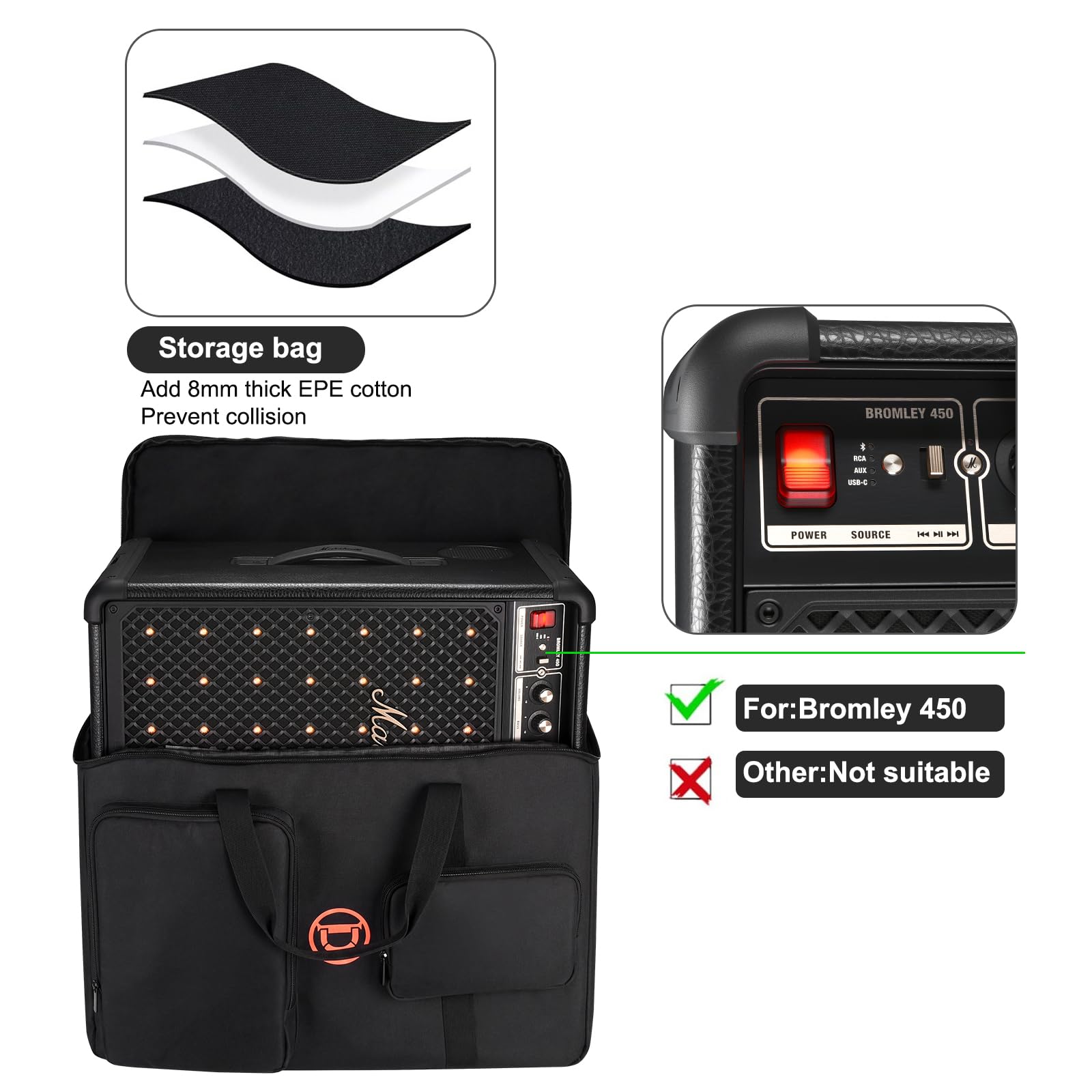 Custodia da Trasporto Copertura Compatibile con Marshall Bromley 450 - Altoparlante portatile per feste, Borsa da Viaggio Zaino per Marshall Bromley 450 e Accessori, Nero