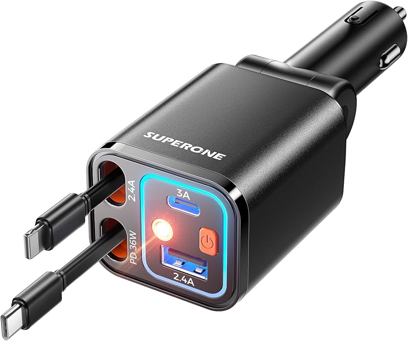 Retractable Car Charger, 69W USB C Fast Charging with Starry Light | 2 Retractable Cables, Starlight Car Charger, PD 36W, 4-in-1, for iPhone 17/16/15/14/13/12, iPad, Samsung, Pixel, GPS, Compact