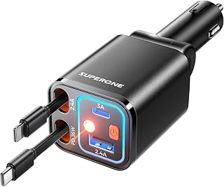 SUPERONE 접이식 자동차 충전기, 아이폰 17용 69W 차량용 충전기 어댑터, USB C 충전기 고속 충전, 별빛 포함, 아이폰 17/16/15/14/13/12, 아이패드, 안드로이드, 픽셀과 호환되는 자동차 액세서리
