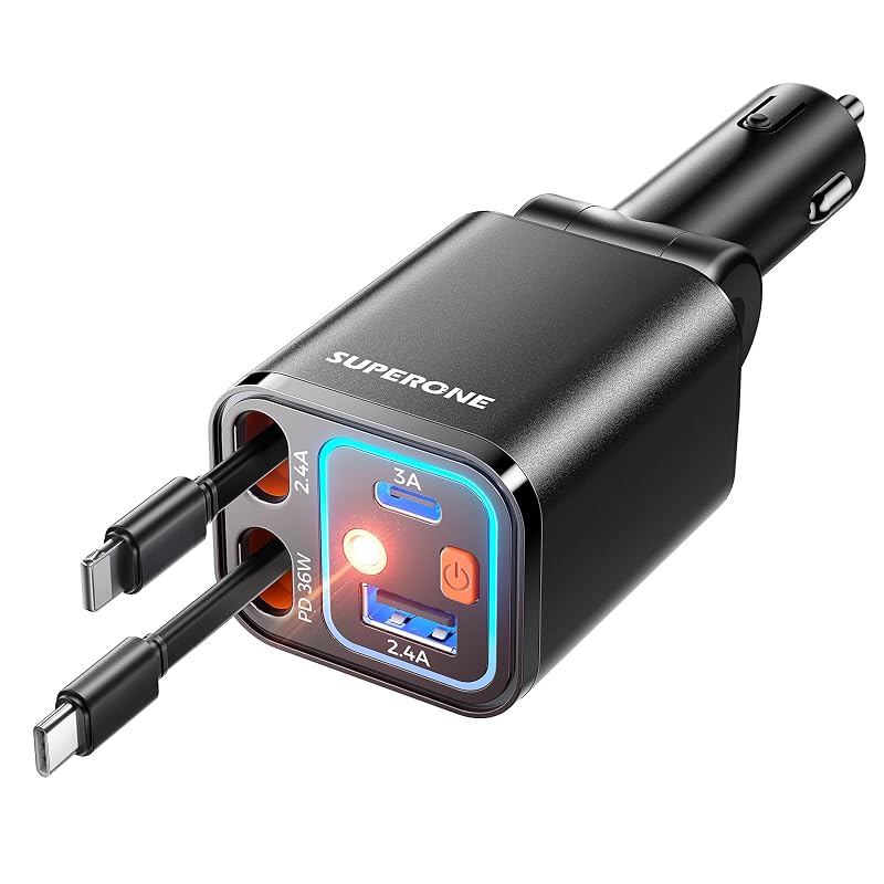 Carregador Veicular Retrátil SUPERONE 69 W com 4 Portas USB, Cabos Retráteis de 80 cm e Luz Starlight