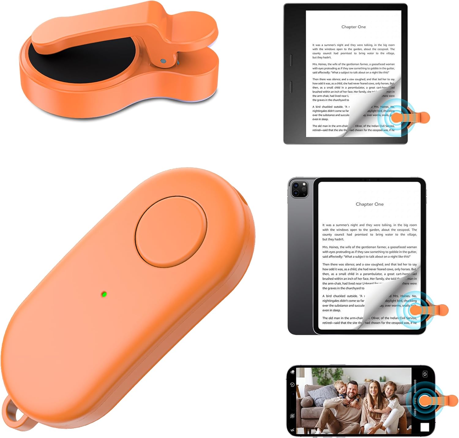 Remote Control Page Turner for Kindle Paperwhite Oasis Kobo eReaders,Kindle Clicker Page Turner Accessories for iPhone,iPad, Android Tablets Reading Novels,Video Record&Shutter Selfie (Orange)