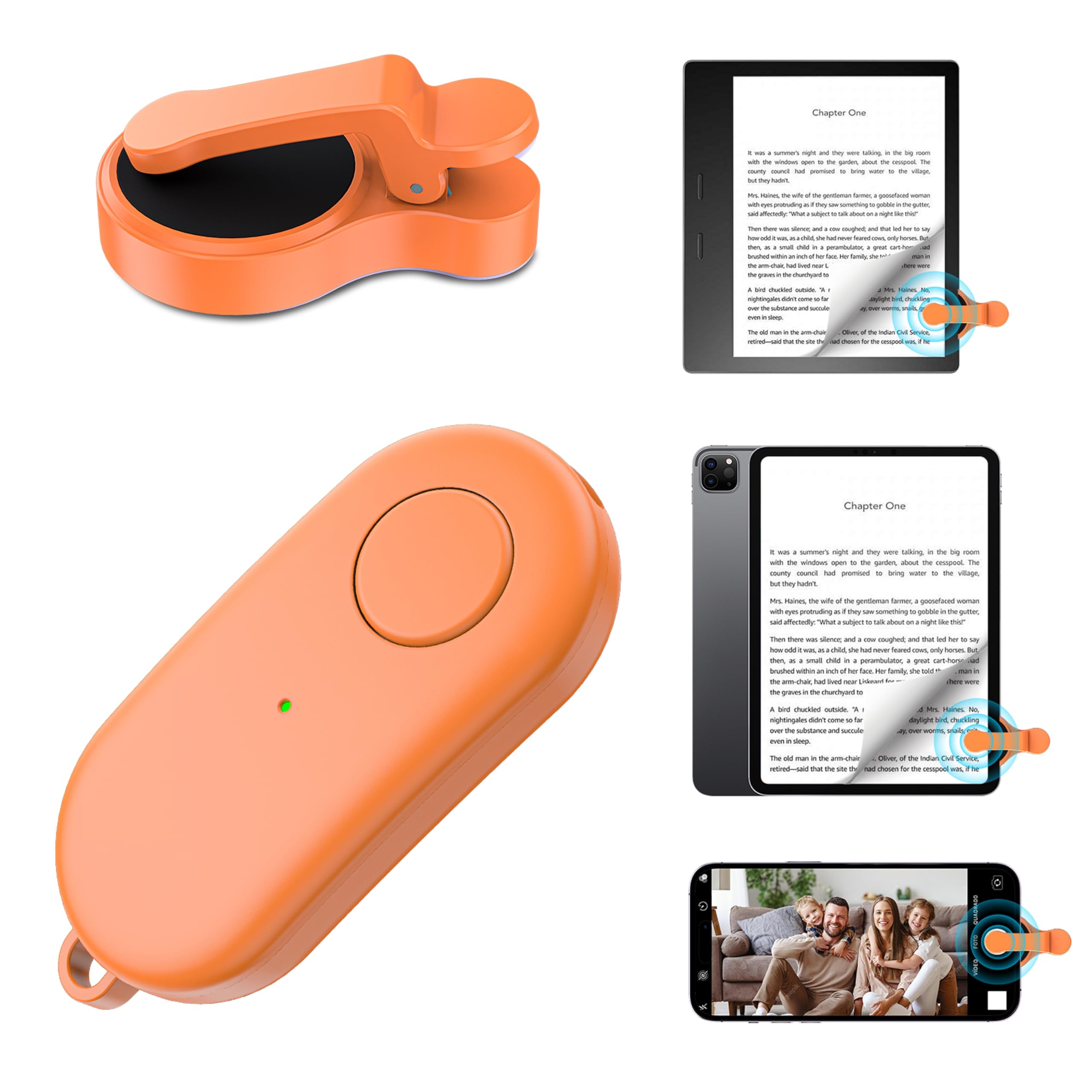 Remote Control Page Turner for Kindle Paperwhite Oasis Kobo eReaders,Kindle Clicker Page Turner Accessories for iPhone,iPad, Android Tablets Reading Novels,Video Record&Shutter Selfie (Orange)