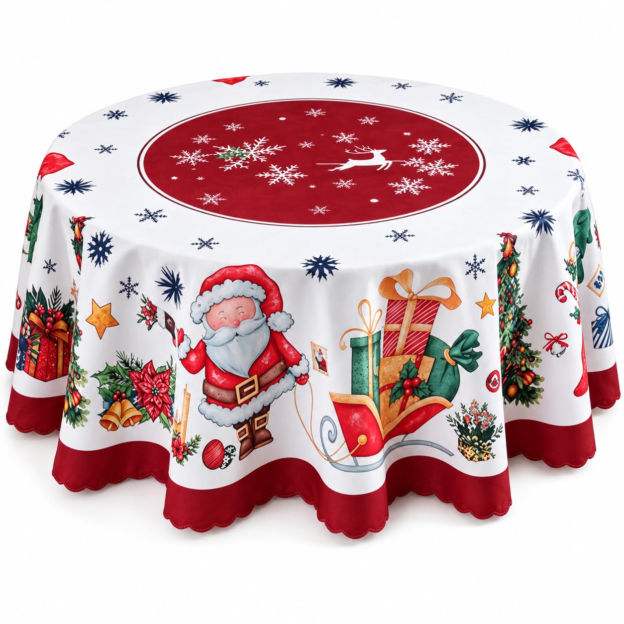 Round Christmas Table Cloth 60 Inch, Vintage Gift Print Xmas Tablecloth