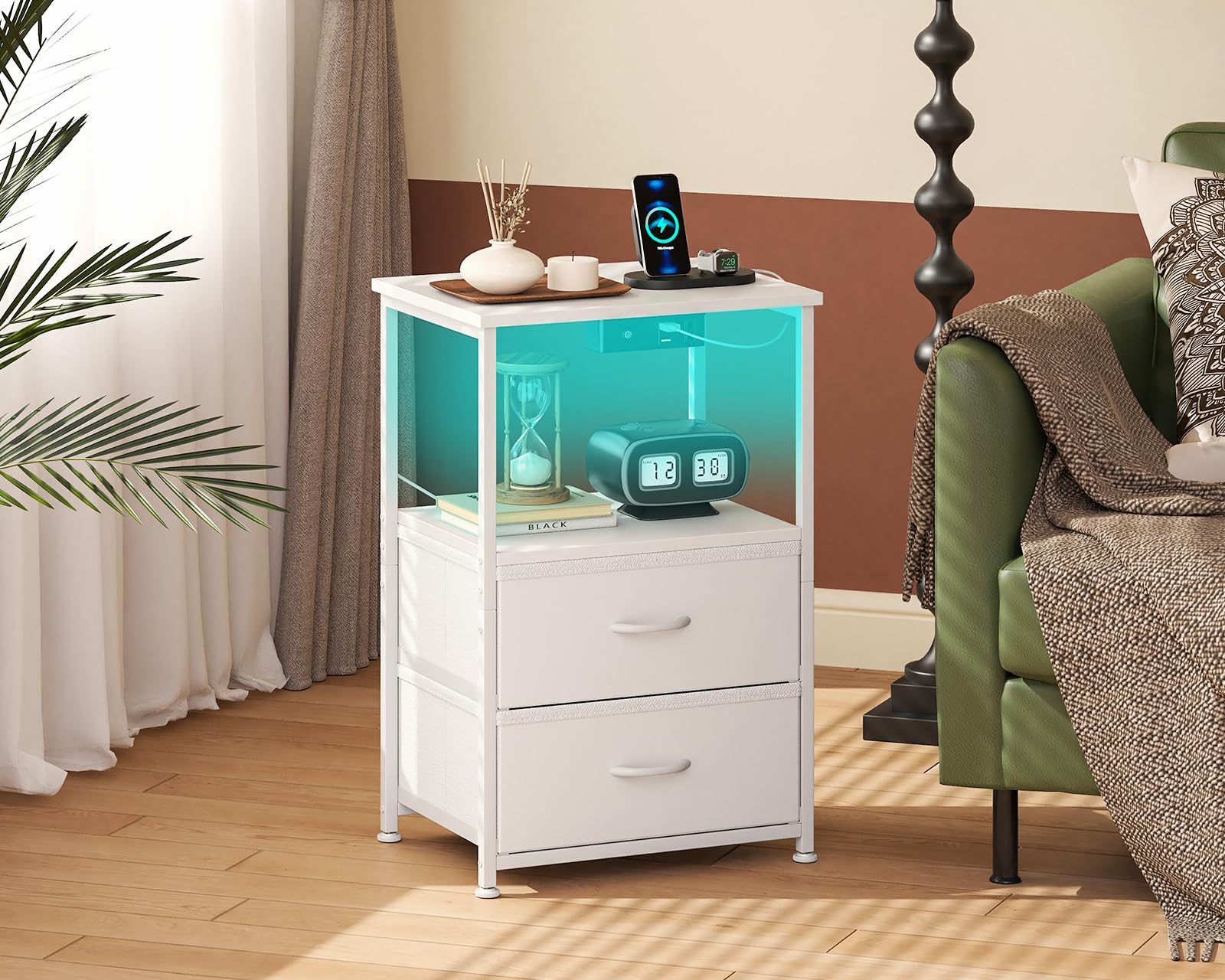 Coleshome Mesitas de Noche, con Enchufe, 2 Puertos USB y Tira de Luces LED, Mesita de Noche con 2 Cajones de Tela y 1 Espacio de Almacenamiento, 40 x 30 x 60 cm, 1 Paquete