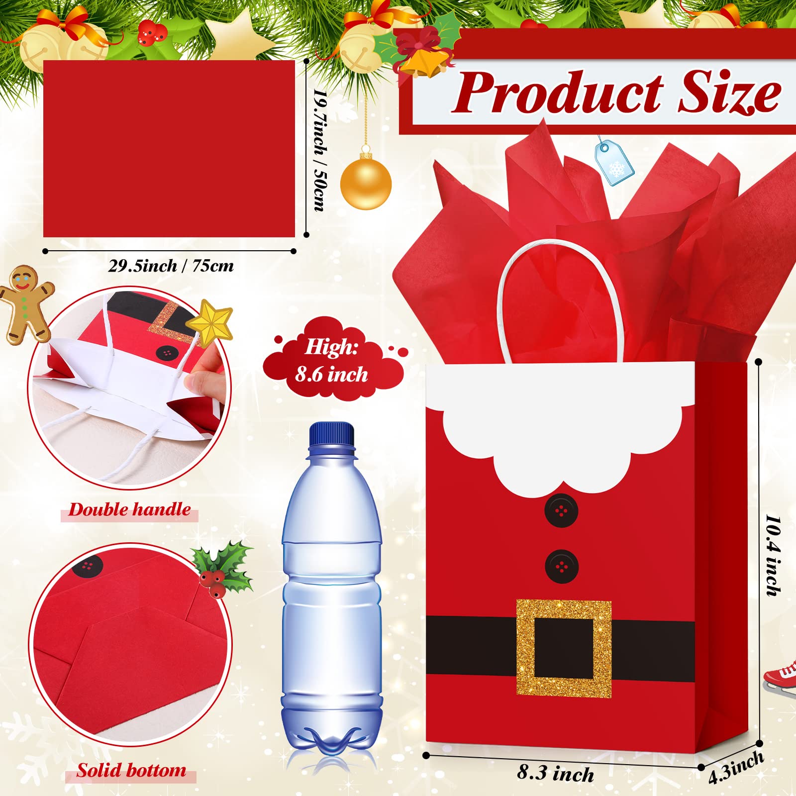 Lot de 24 sacs cadeaux de Noël en papier de soie avec poignées en vrac pour emballage cadeau de Noël, fournitures de fête de vacances (mignon, taille M)