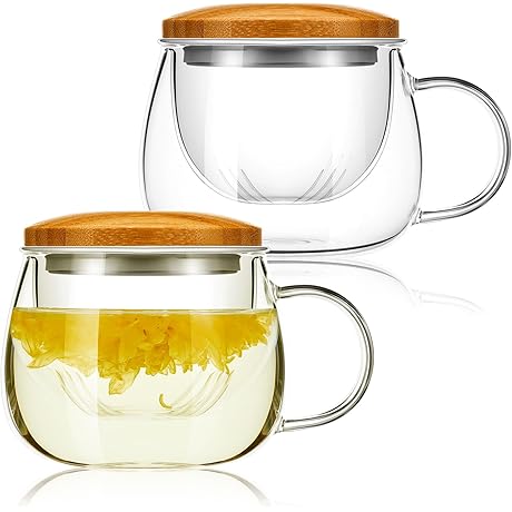 Glass Tea Cup with Lid for Loose Leaf Tea 2 Pack 11.8 oz