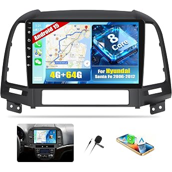 8 Core 4G + 64G Android 15 Car Radio with Sat Nav for Hyundai Santa Fe 2006-2012 8Core 9 Inch Double DIN Car Radio Touch Display with Carplay Android Car Bluetooth FM/RDS Mirror Link DSP