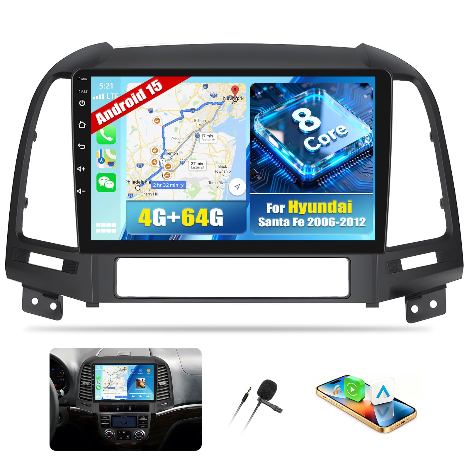 8 Core 4G+64G Android 15 para Hyundai Santa Fe 2006-2012con Navi Carplay Android Auto, 9 Pulgadas Pantalla Doble DIN autoradio con Bluetooth5.0 FM/RDS EQ DSP SWC