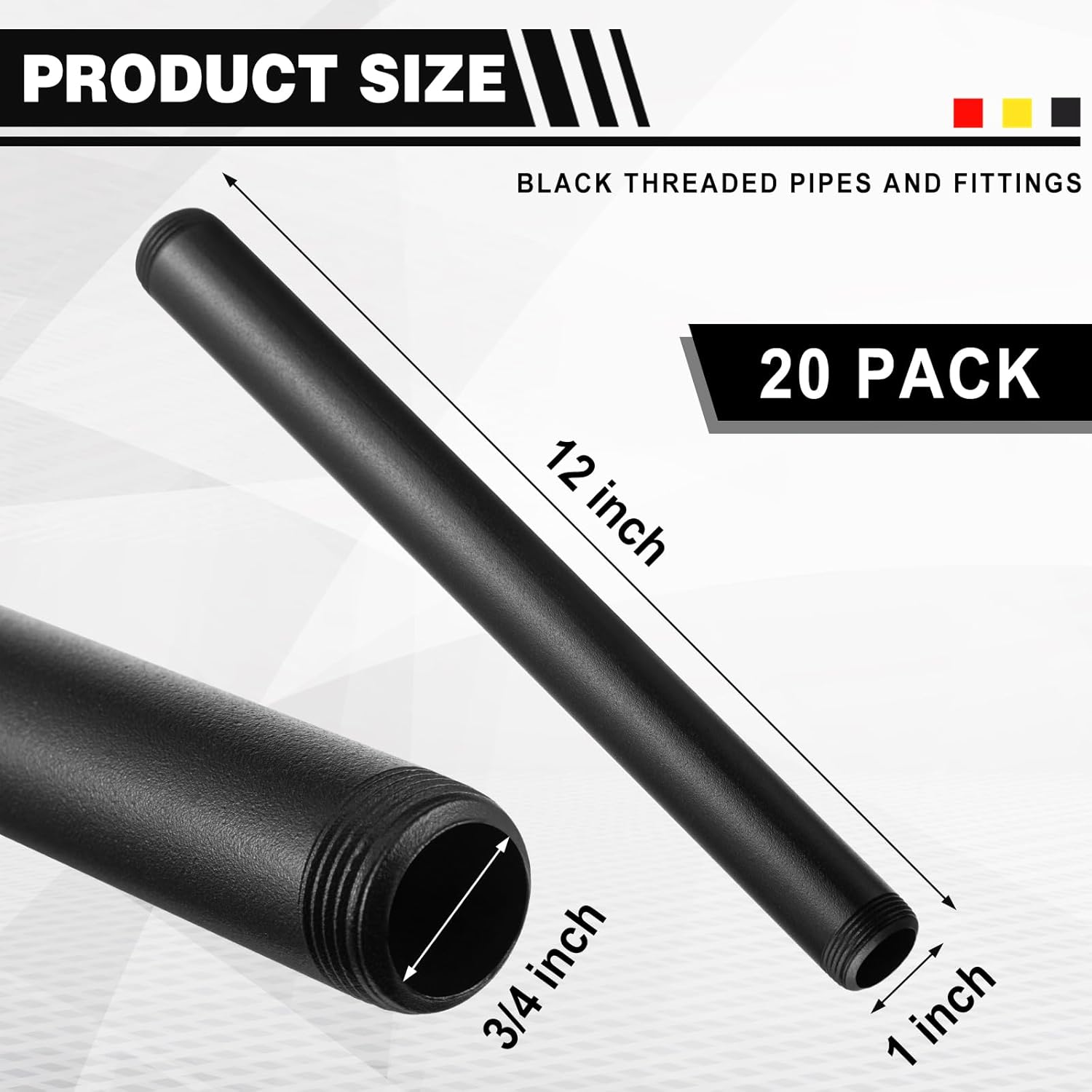 Hicarer 20 Pcs 3/4'' x 12'' Black Metal Pipe Fittings, Industrial Iron Threaded Pipe, Nipples Galvanized Steampunk Vintage Fittings, for DIY Furniture Shelving