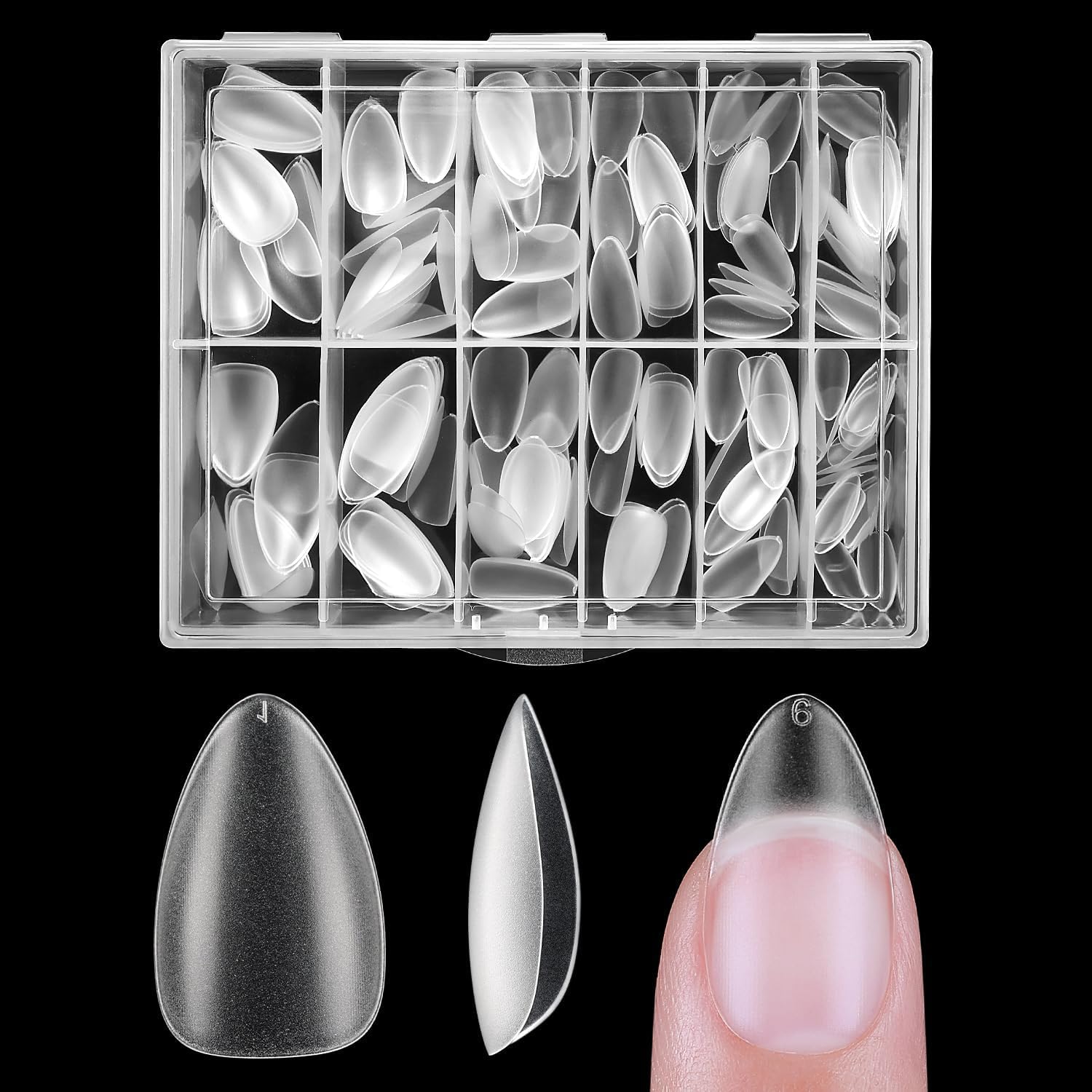 Nicedeco Almond Nail Tips, Clear Full Cover Natural False Nails, 216pcs (12 Sizes, 18pcs Each), ABS Material, 102g