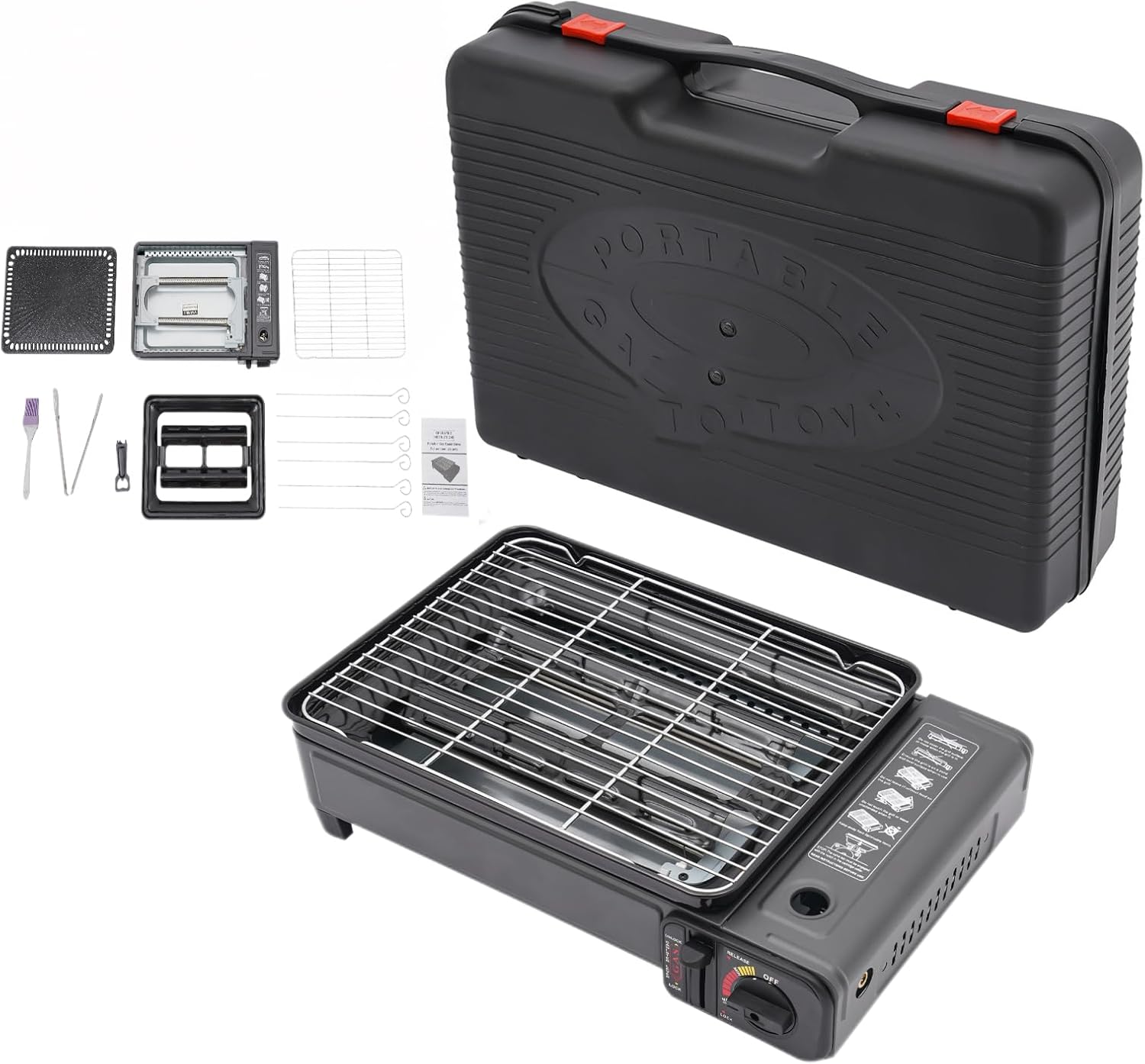 Portable Butane Camping Stove, Dual Fuel Camping Grill Butane Gas Stove, Piezo Click Ignition, W/Grilling Net, Baking Sheet, Oil Brush, Food Clip for Tailgating, Hiking, Backpacking(7.05 Lbs)