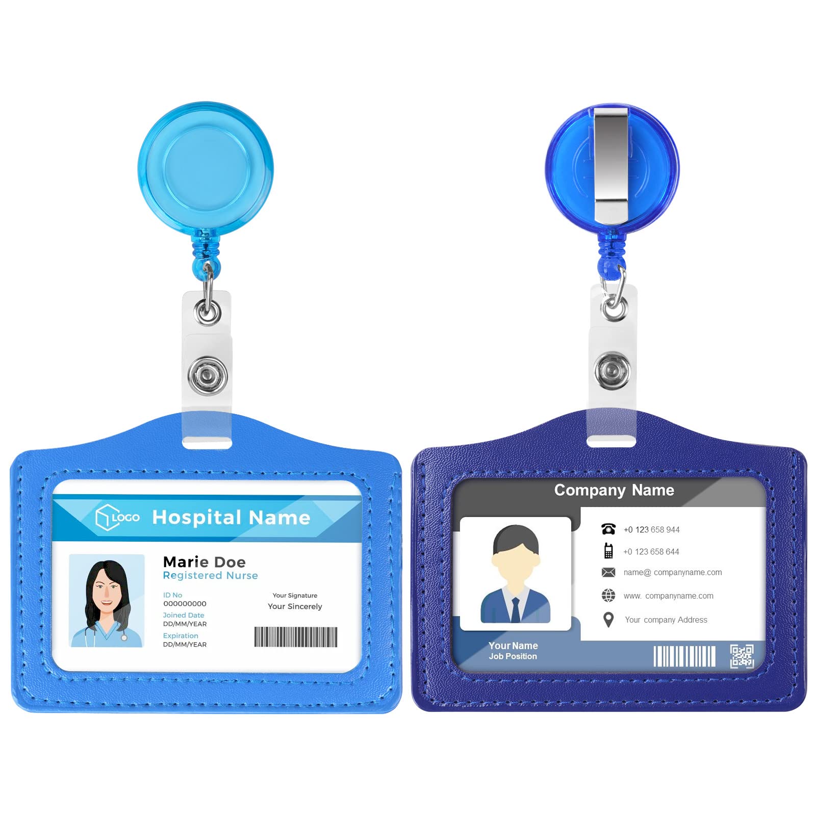Vicloon Porta Badge, 2pcs Porta Badge Identificativo, PU Colorato Orizzontale Retrattile in Pelle con Clip per Ufficio, Carta Identità, Pass Bus (Azzurro & Blu Scuro)
