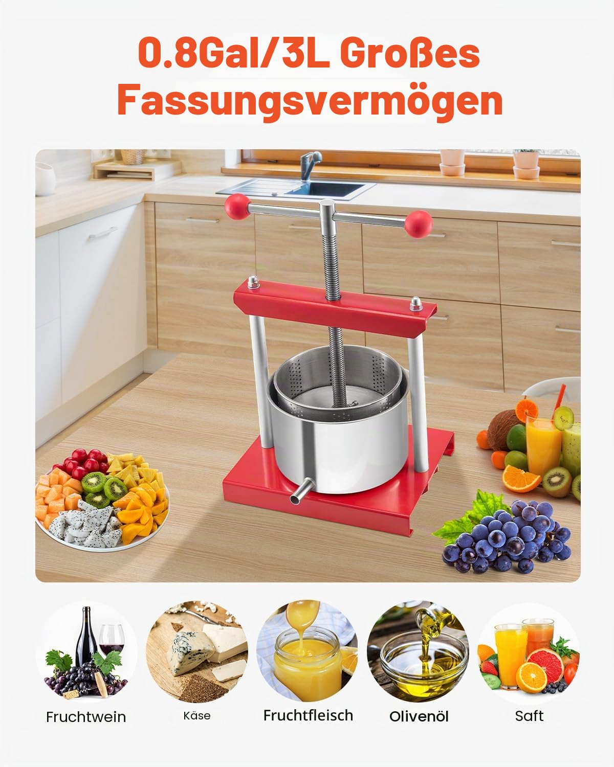 VEVOR Obstweinpresse Apfelpresse 3 L Edelstahlfässer manueller Entsafter Saftpresse T-Griff