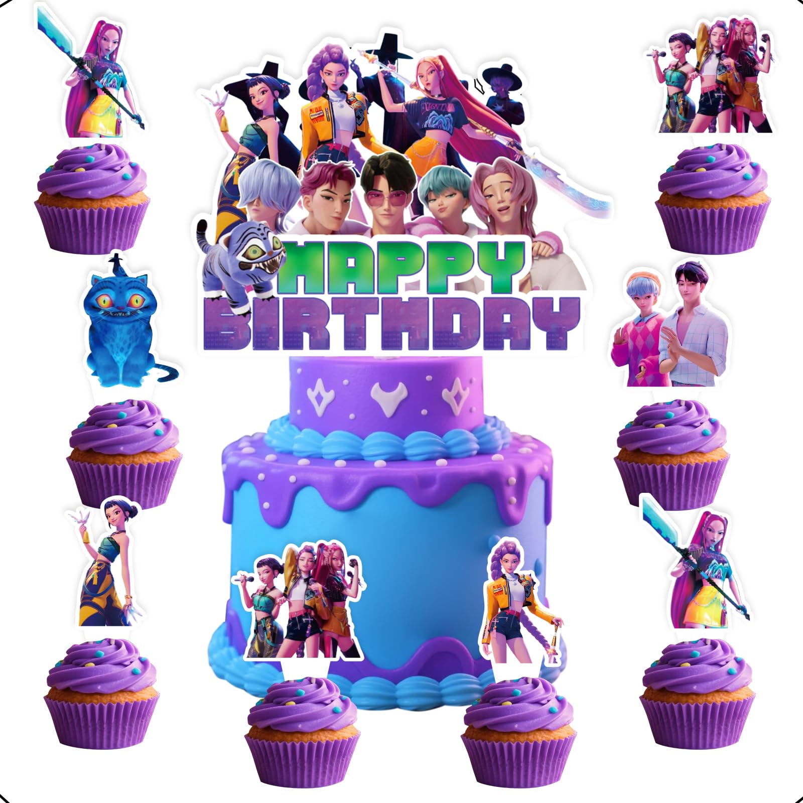 Photo 1 of 25 Pcs Korean Idol Movie Cake Decorations, Cartoon Movie Cake and Cupcake Toppers Set, Cartoon Animation Theme for Kids Birthday Celebrations
