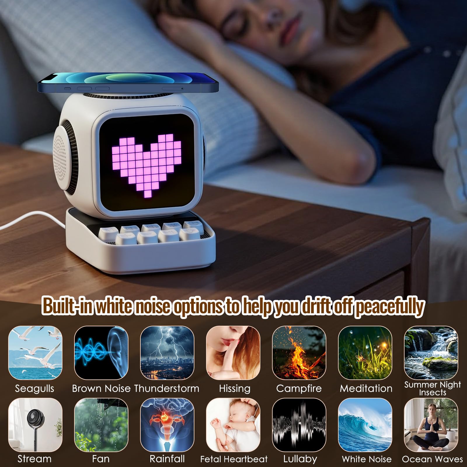 Haut-Parleur Bluetooth Portable avec Une Station de Recharge inductive, Horloge de Table numérique Intelligente, réveil avec Bruit Blanc, pour Bureau, Bureau, Convient comme Cadeau (Blanc)