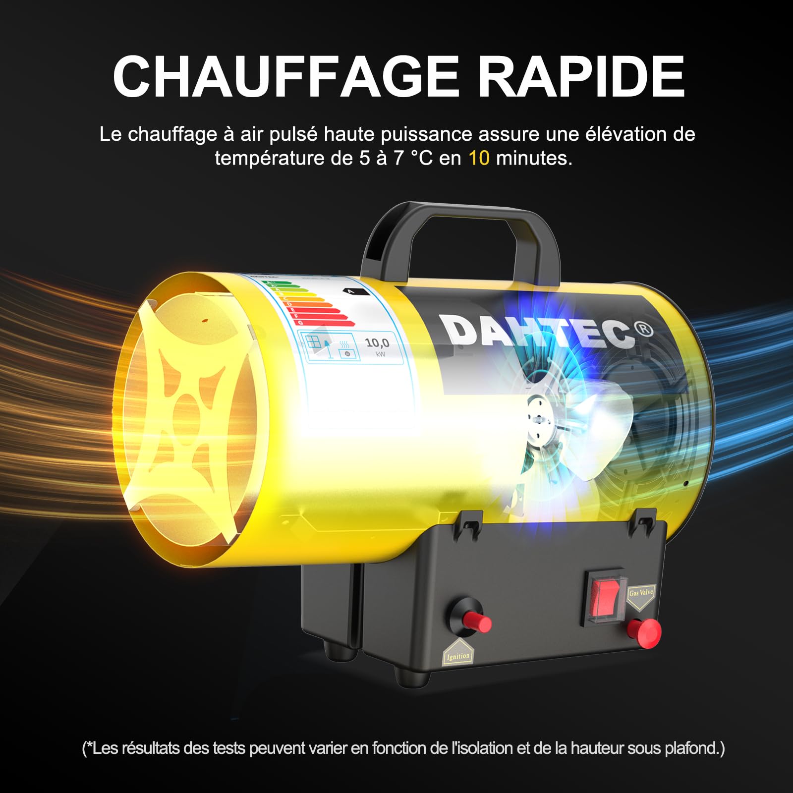 Chauffage d'appoint Gaz 10 kW Canon à Chaleur Radiateur Soufflant à Gaz Chauffage Radiant Souffleur d'air Chaud de Chantier, Jaune