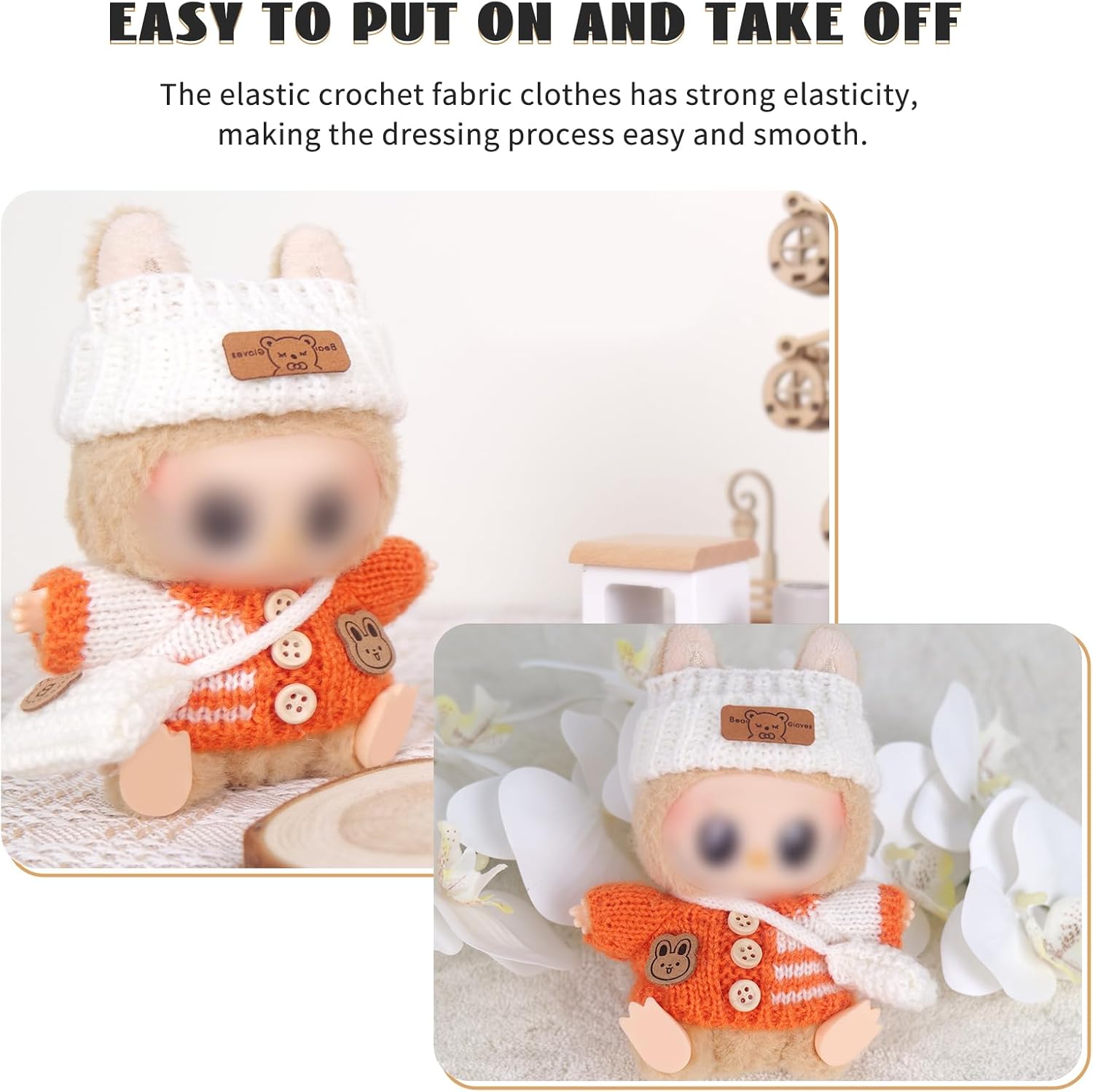 Clothes for Labubu (No Doll), Crochet 3-Piece Set (Hat+Clothes+Backpack) for LABUBU, Fits 5.91-6.7inch (15-17cm) Dolls (Accessories Only)- Stylish Adorable Dolls Clothes Accessories(Orange + White)