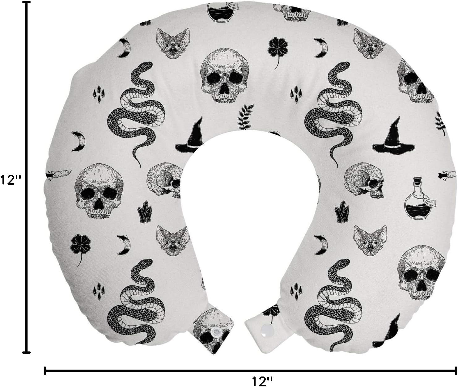 Ambesonne Skull Travel Pillow Neck Rest, Tattoo Style Snake Bat Snake Moon Witch Hat Poison Creepy Halloween Gothic, Memory Foam Traveling Accessory for Airplane and Car, 12", Coconut Charcoal