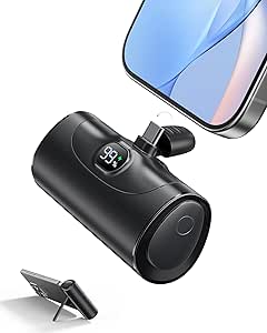 Mini Universal Bateria Externa Carga Rapida Power Bank, 5000mAh Cargador Portatil Movil con Soporte Integrado, Powerbank Conector USB-C Plegable Compatible Samsung iPhone 15/16 etc (Negro Azabache)