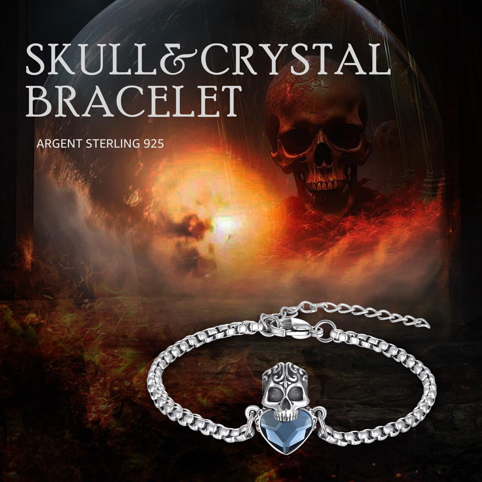 Bracelet tête de mort en argent sterling 925 avec cristal rouge/bleu/noir/vert, style gothique, punk, cadeau pour femmes, hommes, filles, garçons, avec chaîne en acier inoxydable