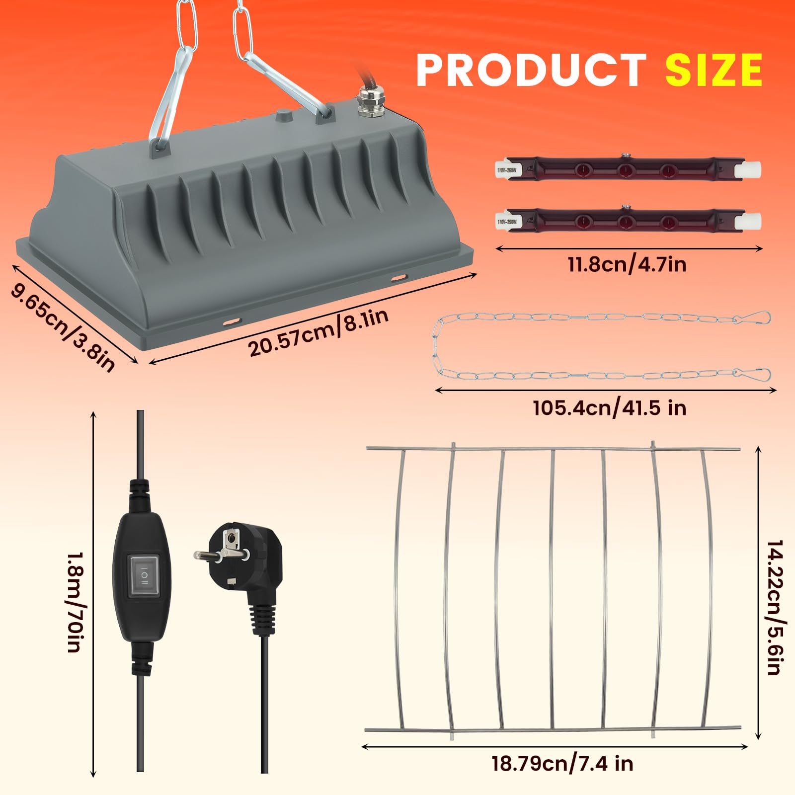 lampara de calor para pollos 250 W, bombilla calor pollitos, criadora de pollitos, con interruptor de ahorro, cable de 1,8 metros, calefactor infrarrojos con termostato automático, para gallinas, pato