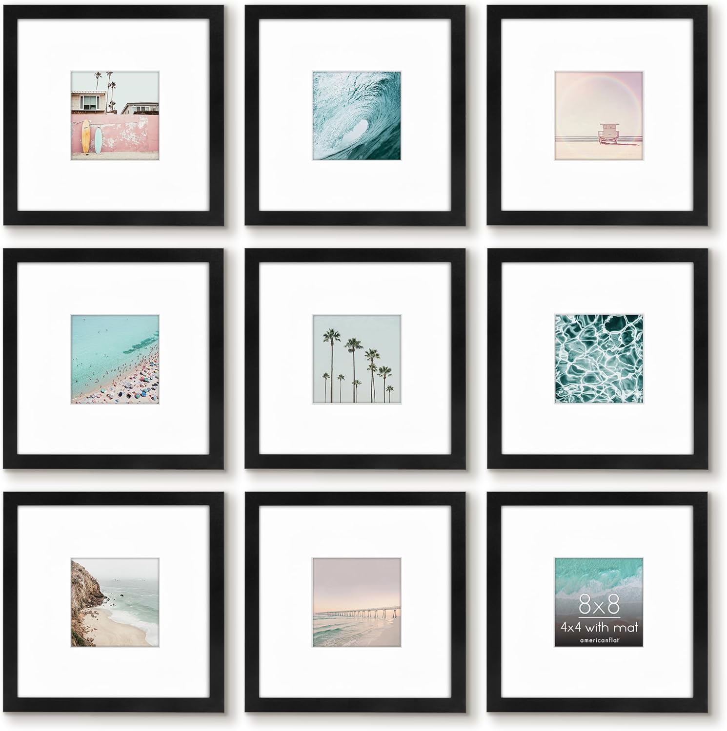 Americanflat 8x8 Picture Frame with Shatter-Resistant Glass - Set of 9 - Use as 4x4 Frame with Mat or Display 8x8 Photo Without Mat - Galleria Collection - Square Frames for Tabletop and Wall - Black