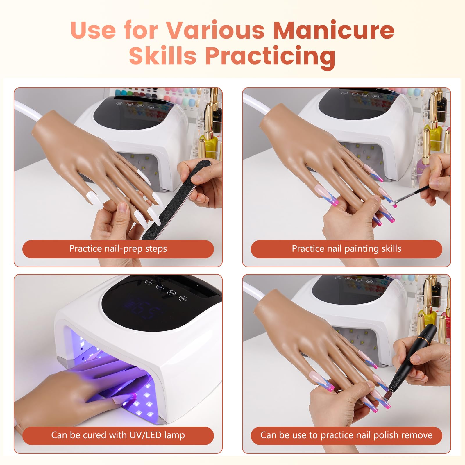 Yokilly Mano para Practicar Uñas: Flexible Mano Articulada Practicas Uñas y Uñas Acrilicas - Silicona Mano de Practicas de Uñas Manicura para Principiantes Salón Casa