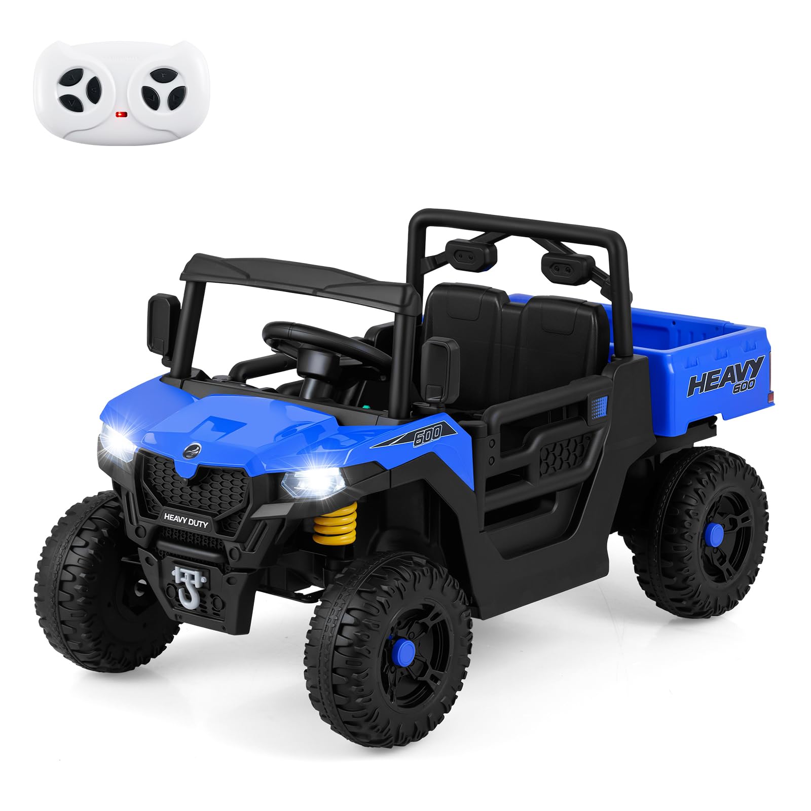 COSTWAY Coche Electrico para Niños, Carro Electrico Infantil con Cama Volquete, Control Remoto, Música, Cuentos, Luces LED y Suspensión de Resorte, Coche Todoterreno para Niños de 3+ Años (Azul,12V)
