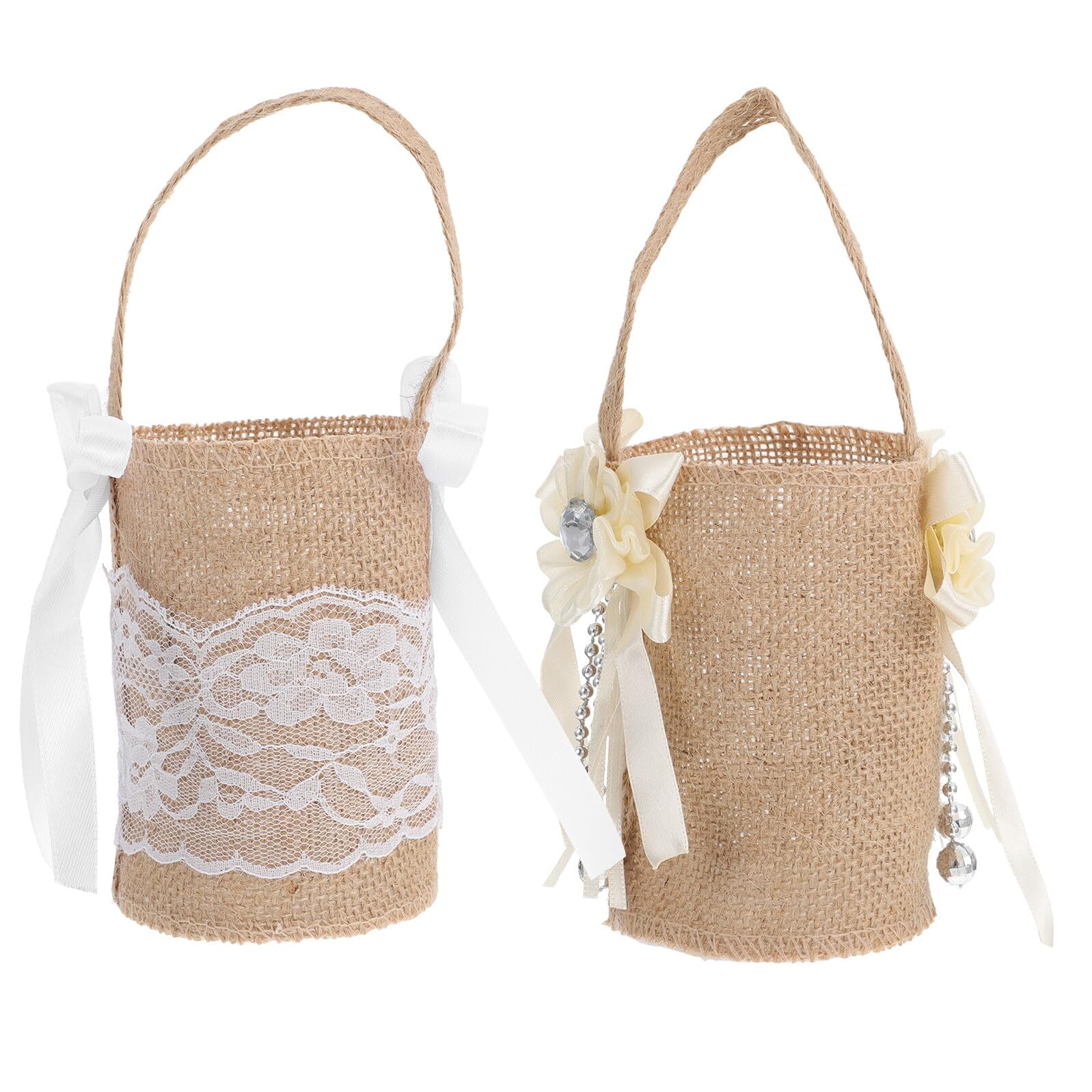 Panier à fleurs mariage rustique en toile de jute blanche pour demoiselle d'honneur (lot de 2)