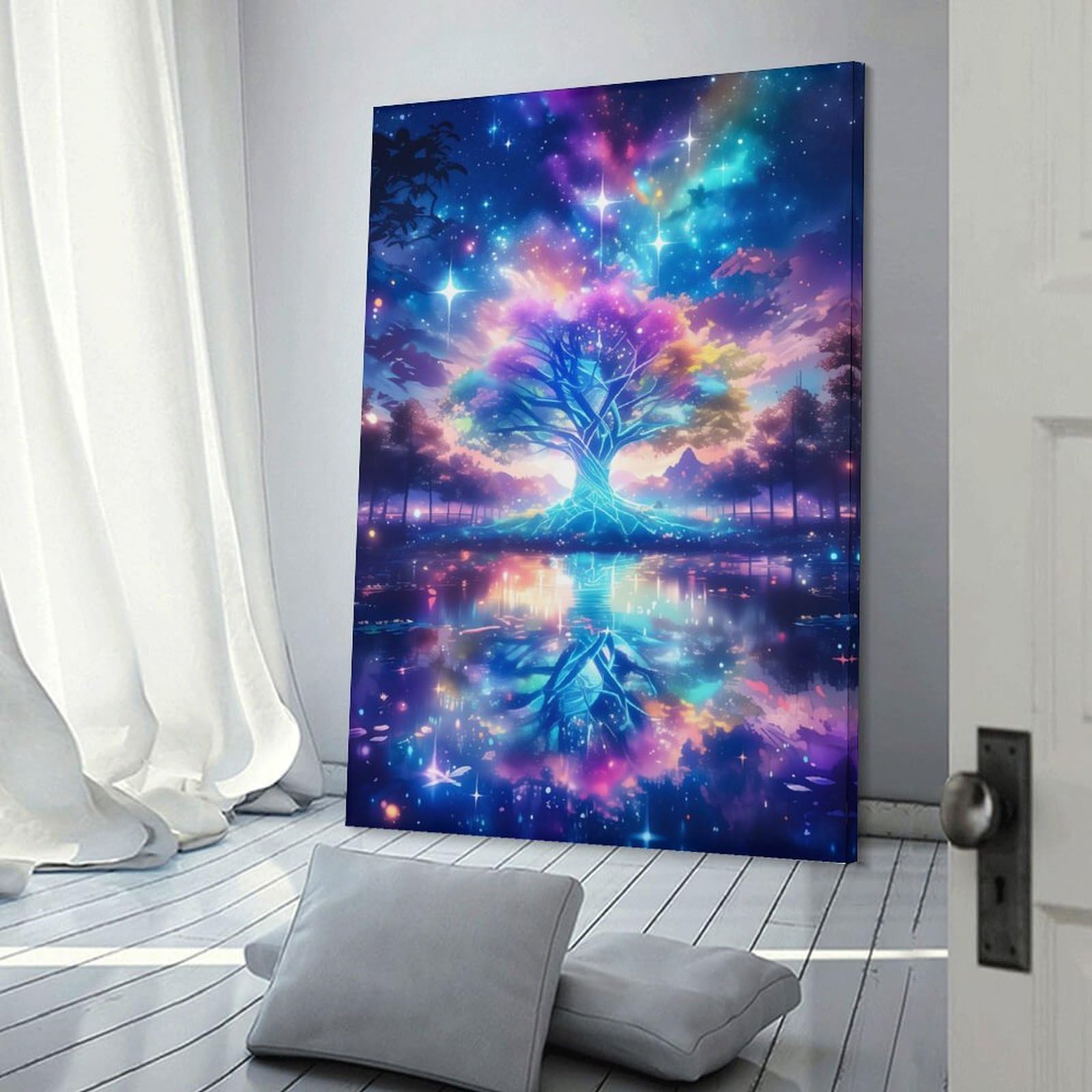 Junmoney Frame-Style-23-1 Galactic Tree Reflections Hanging Wall Art, 24X36inch(60X90cm), For Entryway, Lounge Links Or Small Walls, Home Artwork For First Impressions