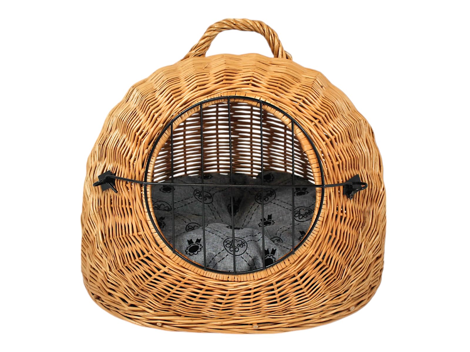 Wicker Basket Cave with Grid and Carry Handle - Dimensions 50 x 40 x 45 cm - Transport Cave - Natural Colour - Manufacturer - Transporter with Light Grey Cushions