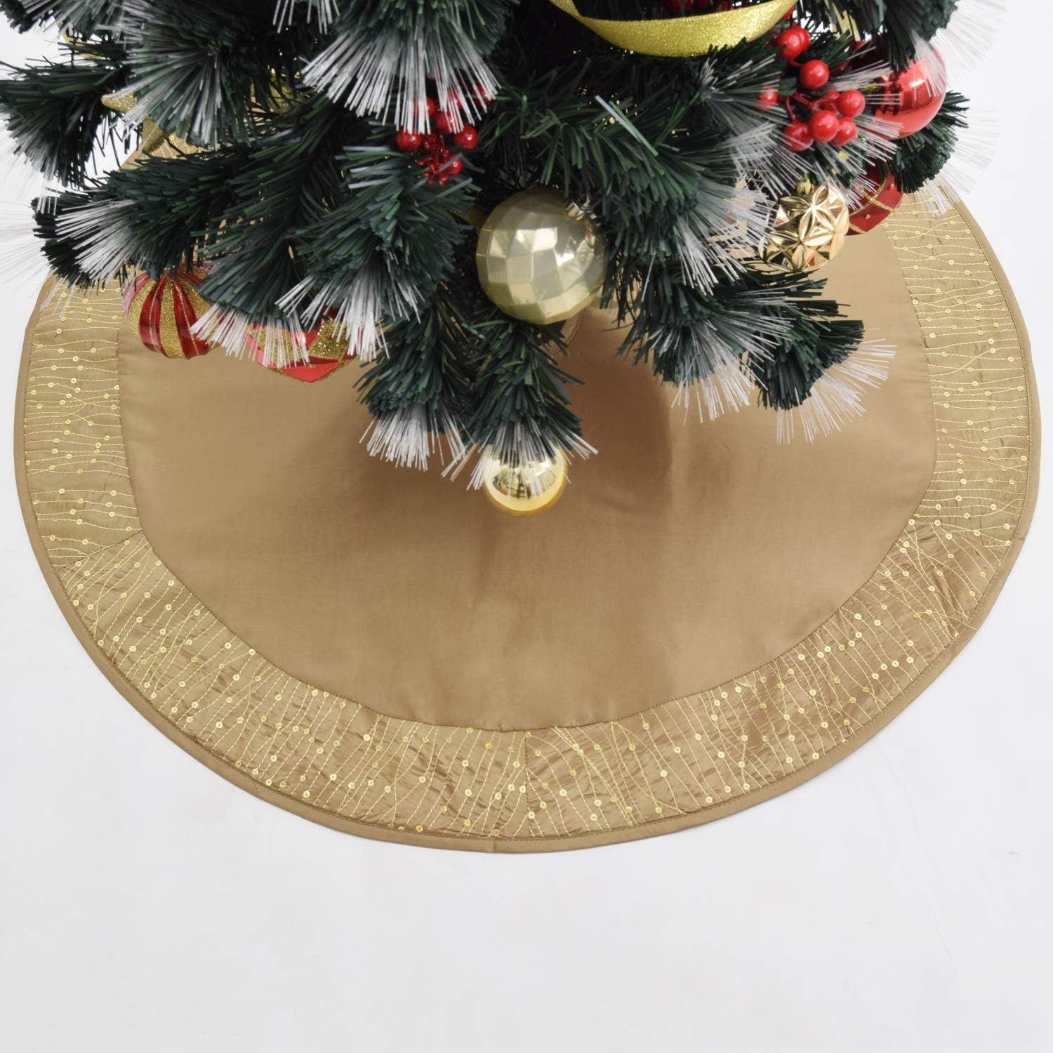 Gold Faux Silk Satin Center, Sparkle Glitter Sequin Handcraft Border Christmas Tree Skirt,Xmas Christmas Holiday Party Decoration-50inch