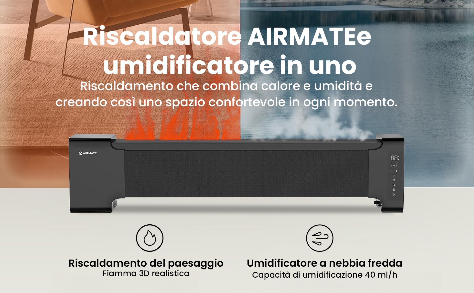 AIRMATE Camino Elettrico 113cm, Stufa Elettrica und Luftbefeuchter 2 in 1 con Telecomando, 2000W Camino Elettrico Silenzioso con Pannello LED Timer 24h ECO Riscaldamento Rapido Effetto Fiamma 3D