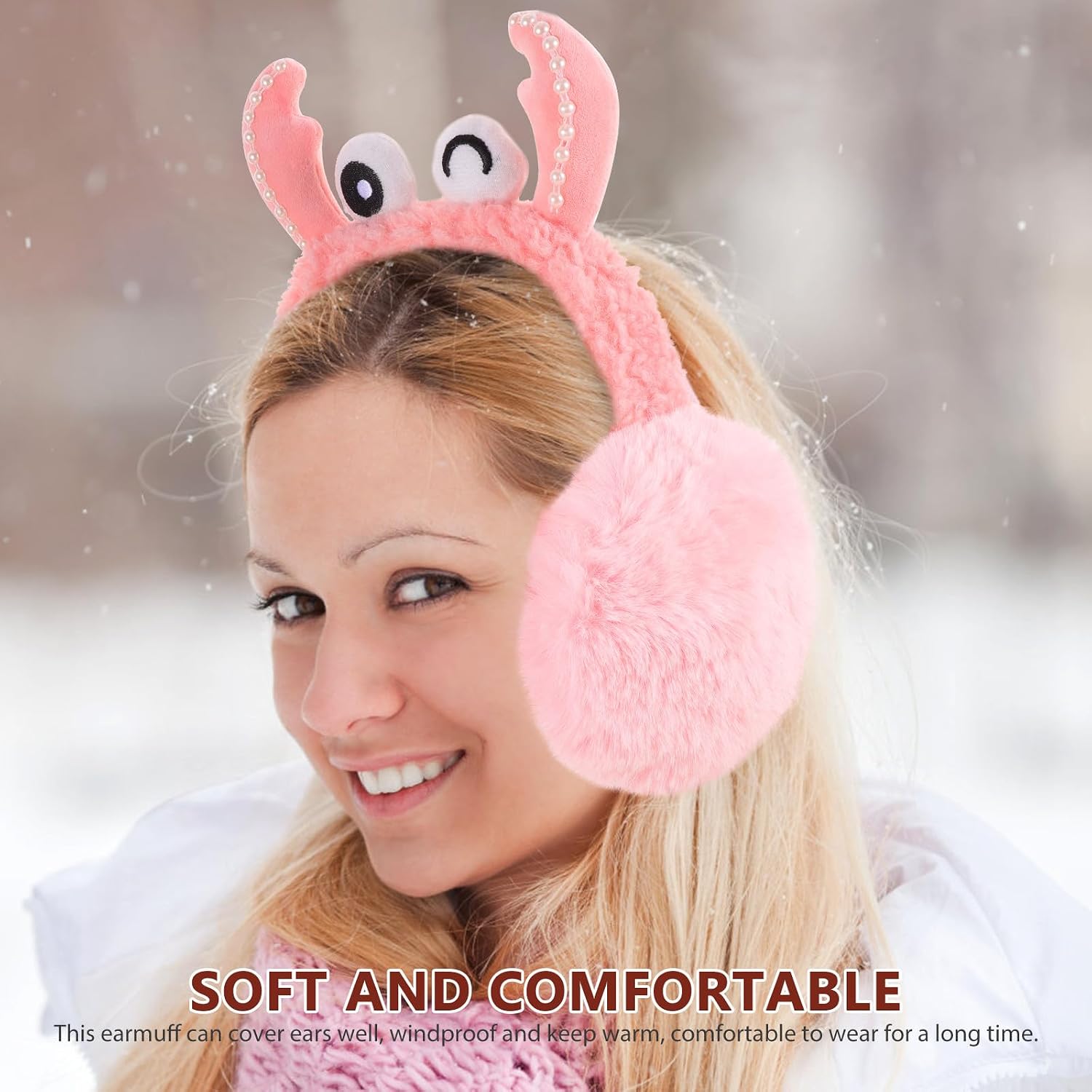 TEHAUX Winter Plush Crab Earmuffs Foldable Ear Cover Headband for Women and Men, Soft Pink Ear Warmers for Cold Weather Outdoors