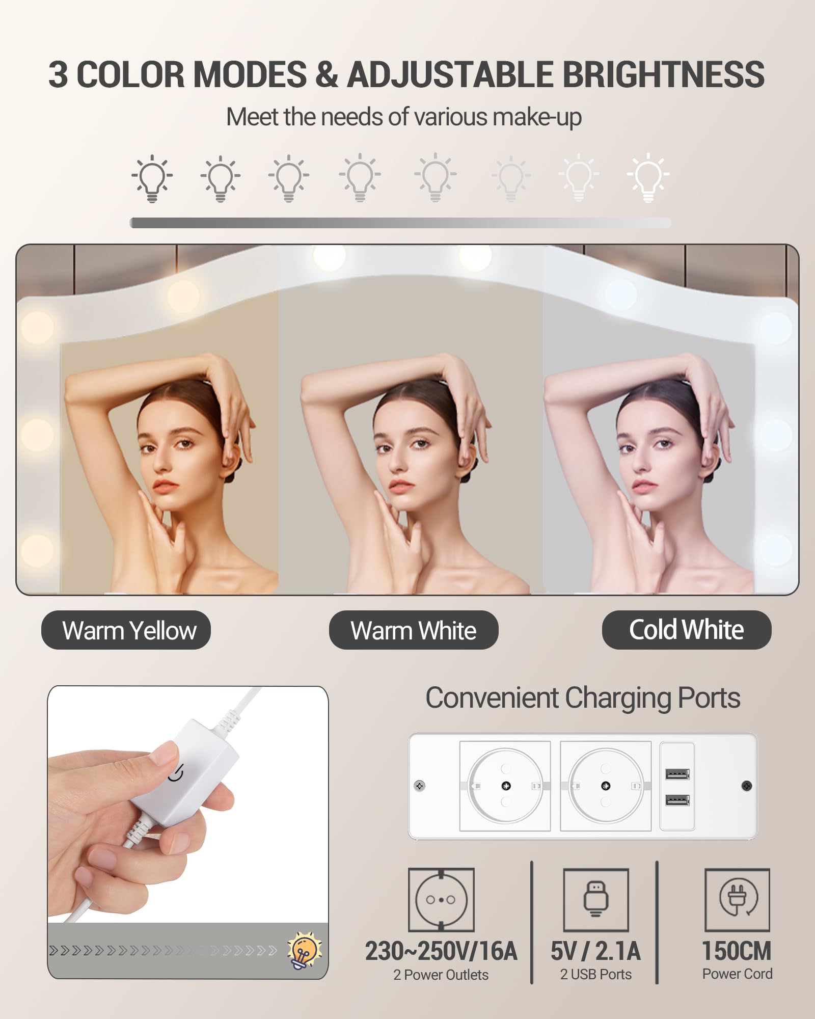 Toeletta Trucco Con Luci LED Hzuaneri - Specchio Grande, Cassetti E Vanità Bianco-Oro - Foto 8
