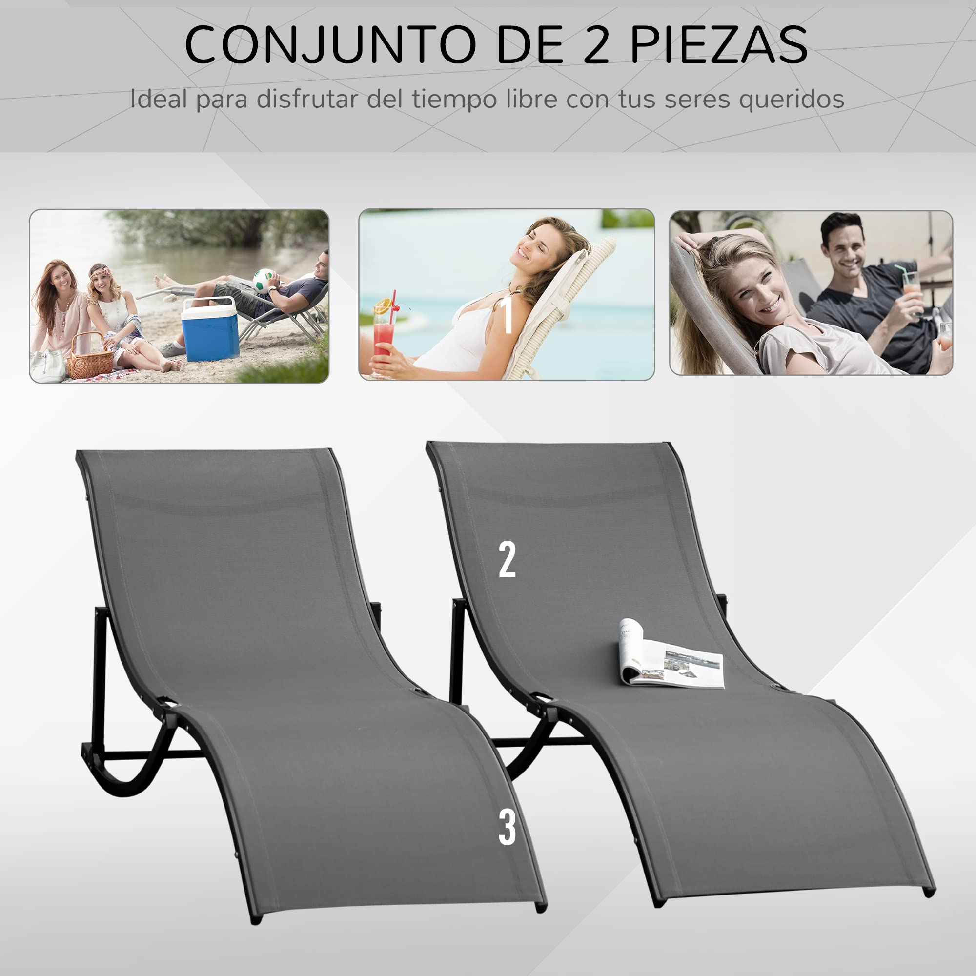 Outsunny 2 Tumbonas Plegables Tumbonas de Jardín en Forma de S con Marco de Aluminio Texteline para Piscina Patio Terraza 165x61x63 cm Gris Oscuro