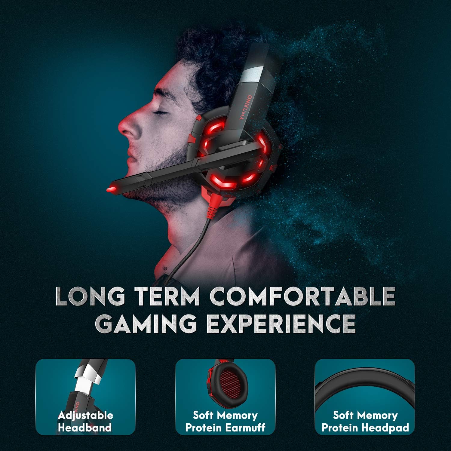 User wearing the ONIKUMA K2-PRO headset, emphasizing comfort features like the adjustable headband, soft memory protein earmuffs, and headpad.
