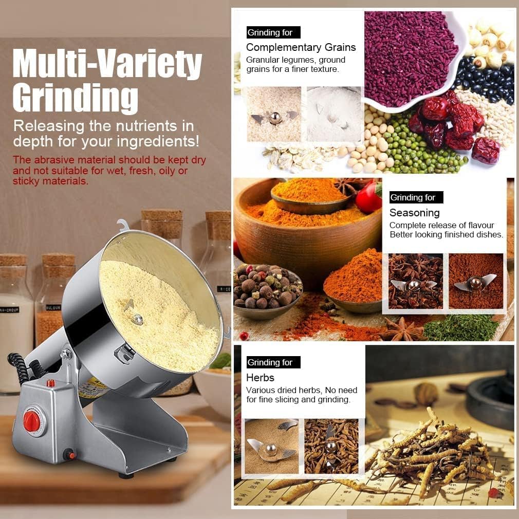 2000g Electric Grain Grinder Spice Grain Mill Stainless Steel 30s 28000RPM High Speedy Grinding with Overload Protection& 5min Timer Mill for Dry Spice Herbs/Nut/Coffee/Rice 2000 g
