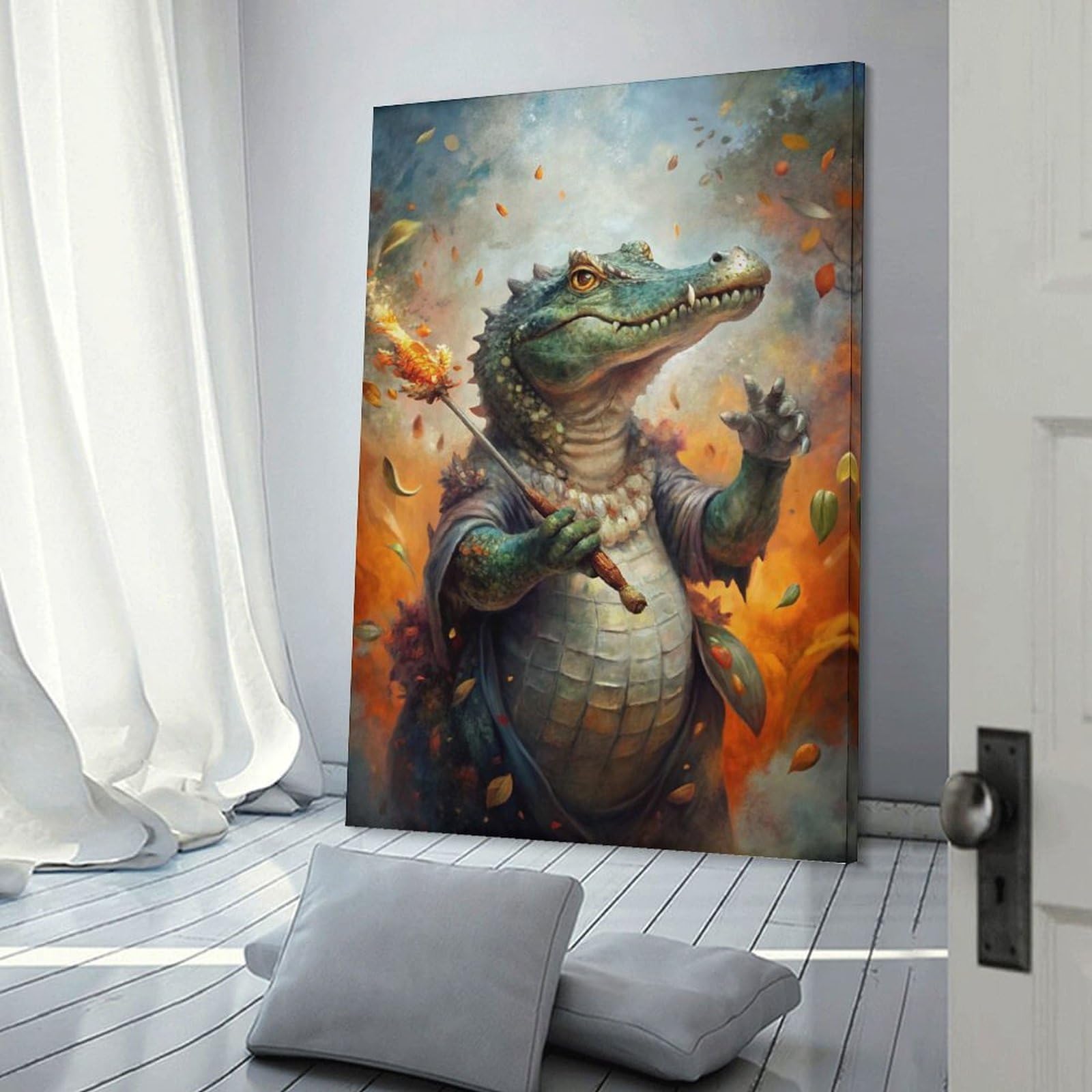 Junmoney Alligator Wizard with Fire Staff Hanging Wall Art 24x36inch(60x90cm), for New Homes, Bedrooms Or Workspaces, Thoughtful Wall Decor for Art Lovers