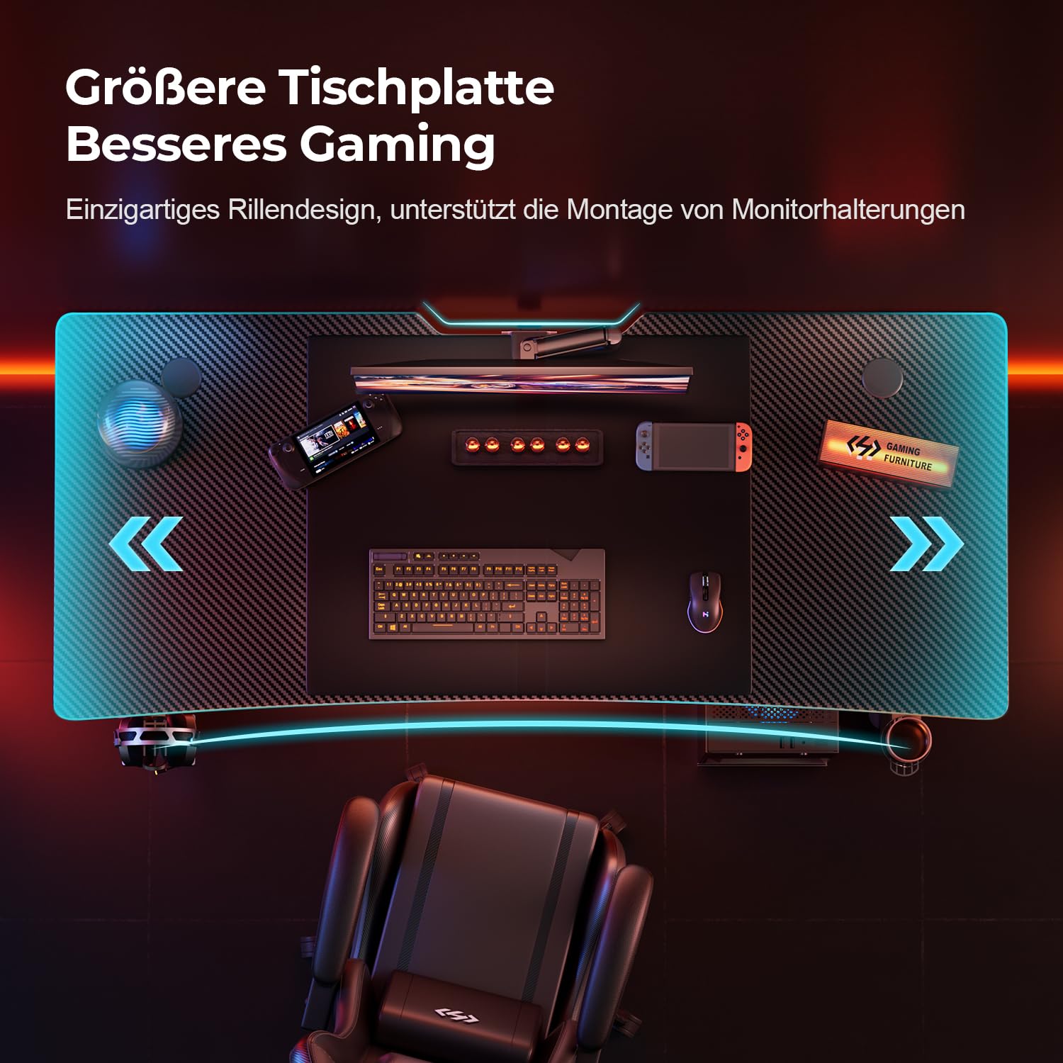 HLONONE Gaming Schreibtisch 140 x 60 cm, Gaming Tisch, Stabiler PC Schreibtisch mit Kohlefaserbeschichtung, Ergonomischer Computertisch mit Kopfhörerhaken und Getränkehalter, Schwarz