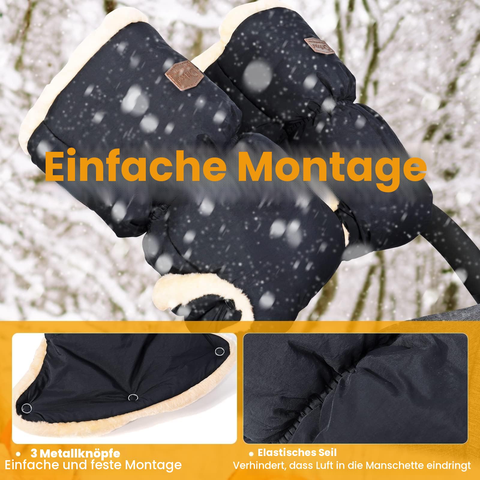 Orzbow Handwärmer Kinderwagen, Wasserdicht Künstliche Lammfell Handschuhe Kinderwagen mit Tasche, Winddicht Handmuff für Buggy, Winter Geschenk für Neue Eltern (Schwarz)