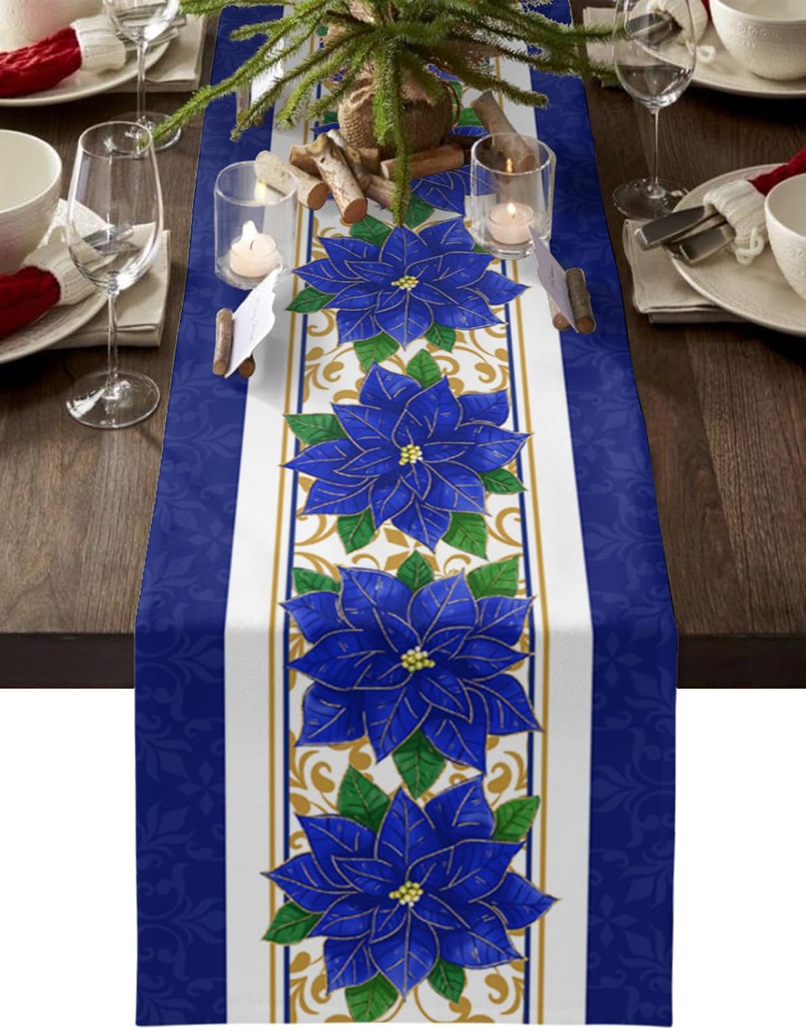Lsrtoss Blue Poinsettia Christmas Table Runner 90 Inches