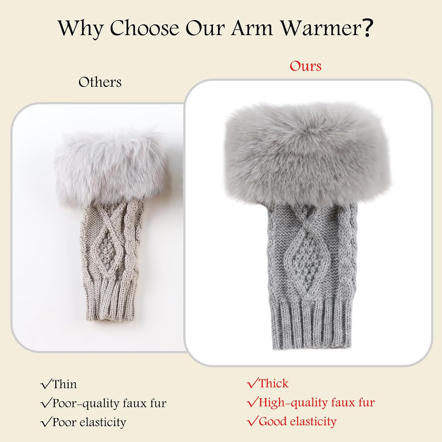 PESAAT Knit Arm Warmers Faux Fur Fingerless Gloves for Women Winter Wrist Warmers with Thumb Hole - Image 4