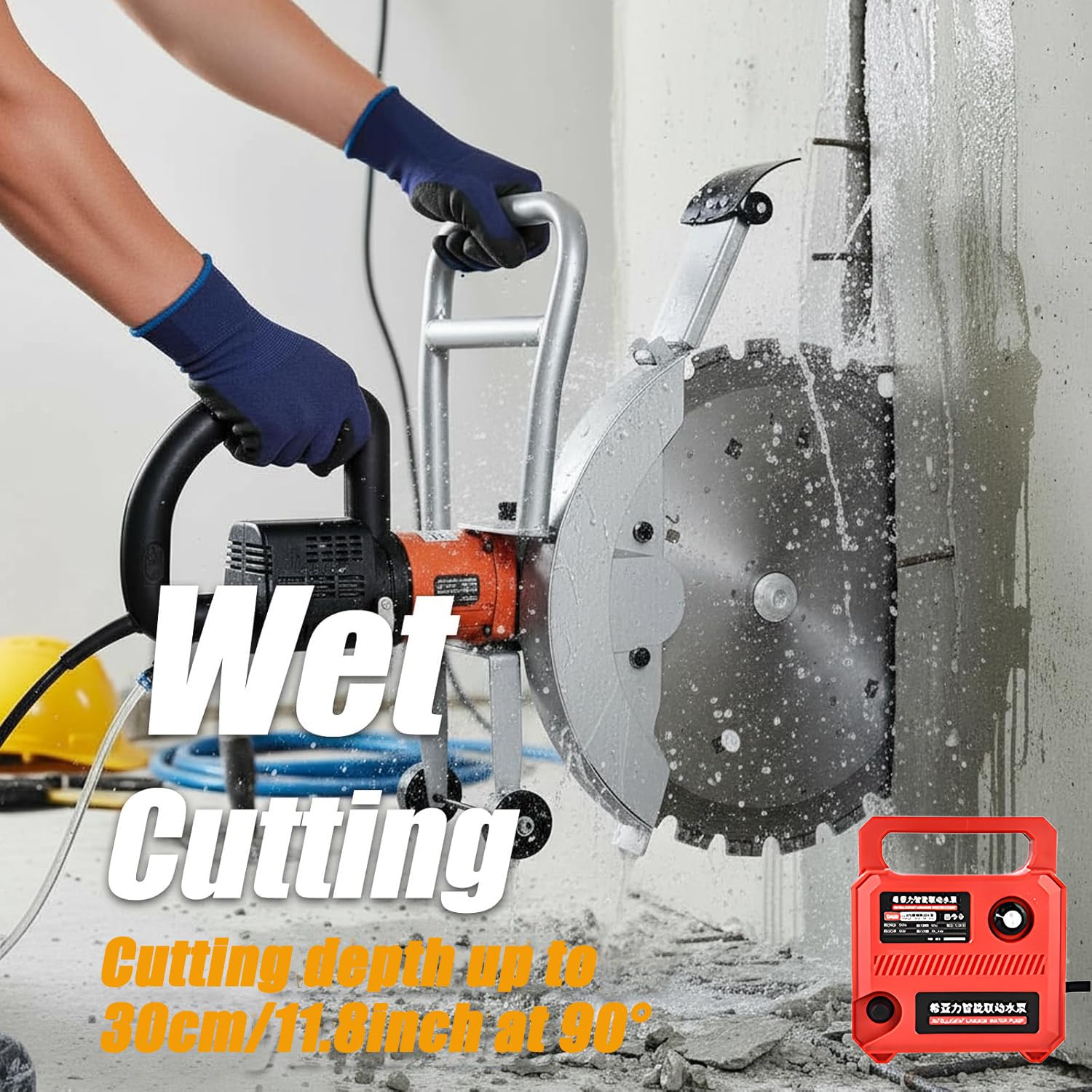 Sierra para hormigón industrial 5000W húmeda/seca | Cortadora de pared profesional con 2 discos de diamante de 400mm, corte profundo de 30cm | Herramienta eléctrica sin vibración y sin polvo