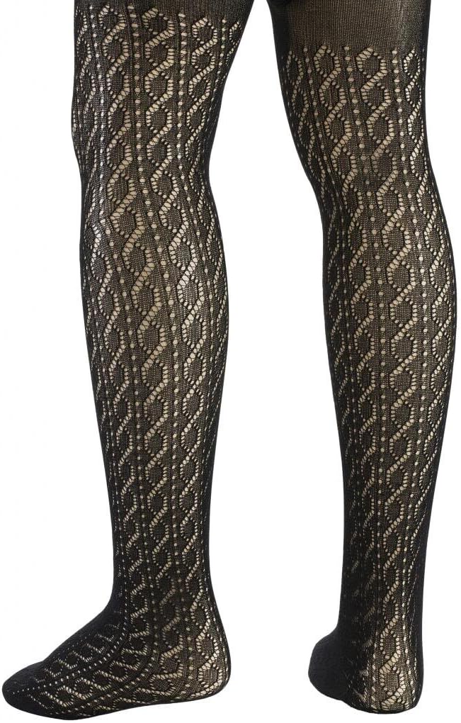 Girls Hold and Stretch Crochet Cable Design Footed Tights - Black (Size 2-4)