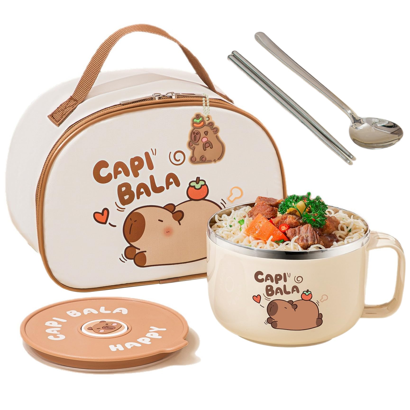 CAKEEYUM Ramen Bowl Microwavable 800ml/28oz Capybara Stainless Steel Soup Bowl with Lid & Bag & Tableware Portable Ramen Cooker for Noodles Dumplings Salads