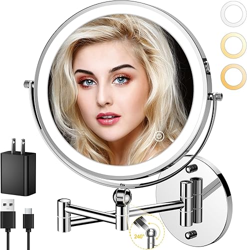 Miniatura 8 de Espejo de maquillaje iluminado, espejo de aumento iluminado 1X10X, espejo de maquillaje giratorio 360 con luces y aumento, espejo de maquillaje de