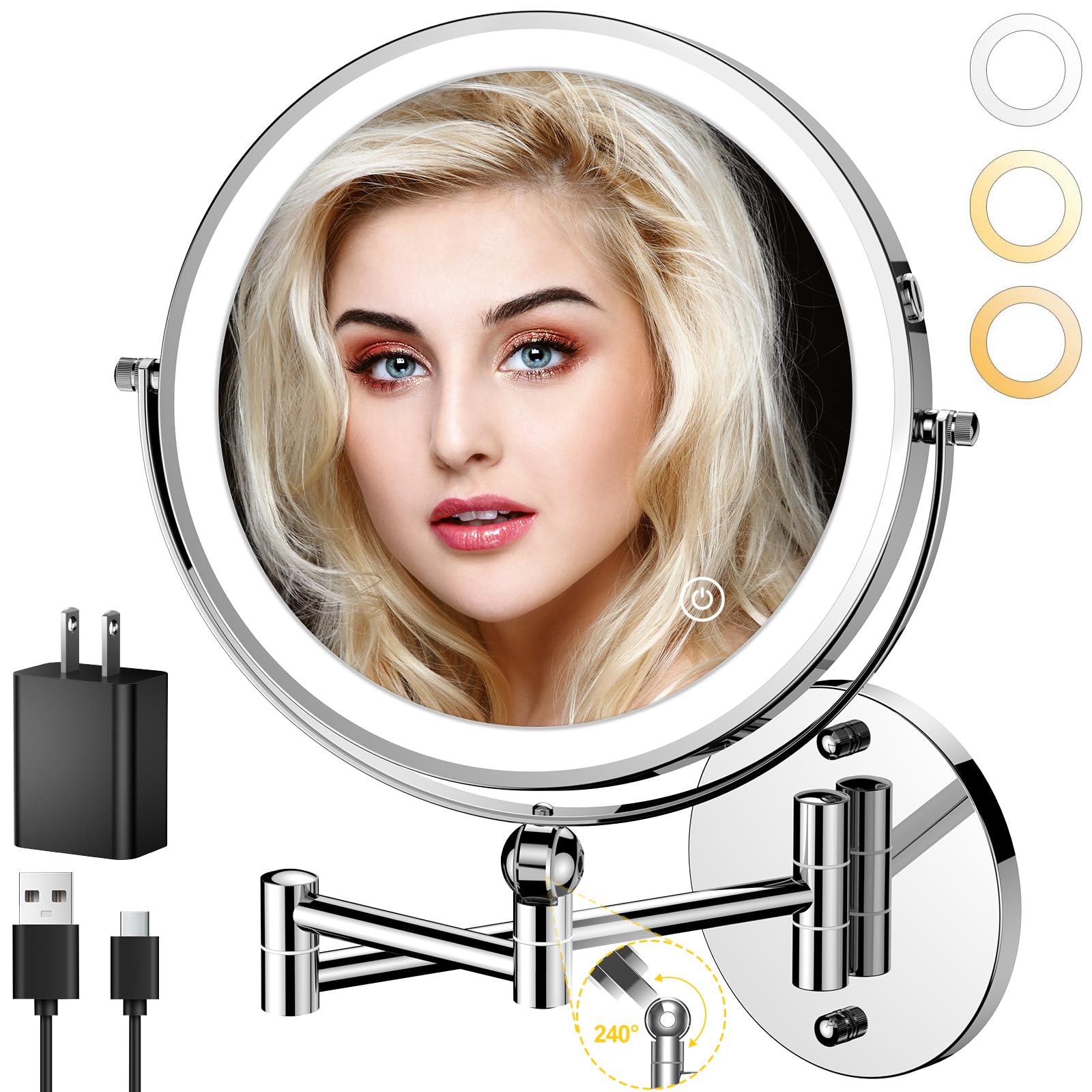 ZLOKLA 9" Wall Mounted Lighted Makeup Mirror,4000mAh Rechargeable Double Sided 1X/10X Magnifying Mirror with Light,Touch Dimmable,Extended Arm 360 Rotation Wall Mounted Makeup Mirror 3 Color Lights