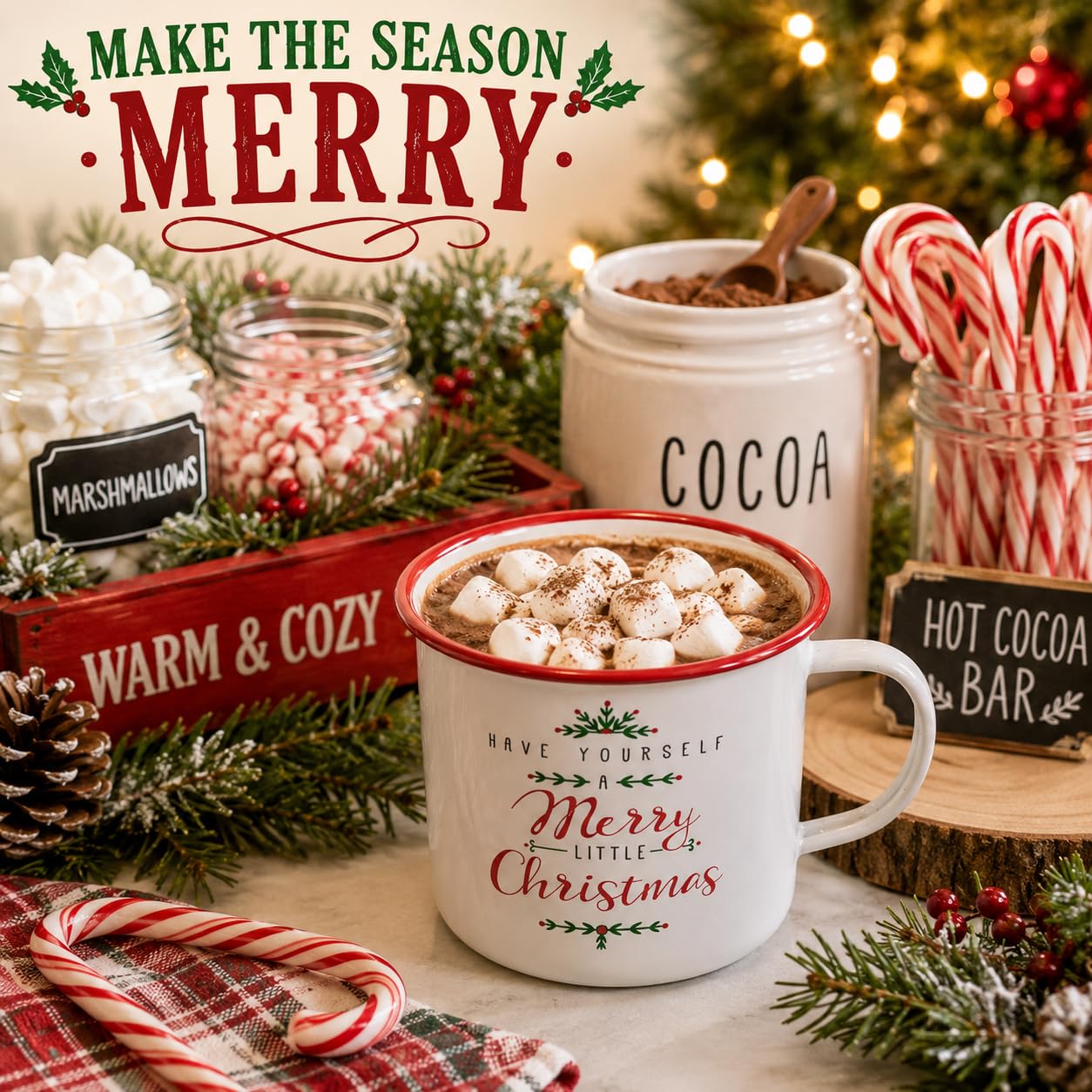 Wowser Merry Little Christmas - Taza de Desayuno, esmaltada, Color Rojo y Blanco, 3 3/4 Pulgadas de Alto