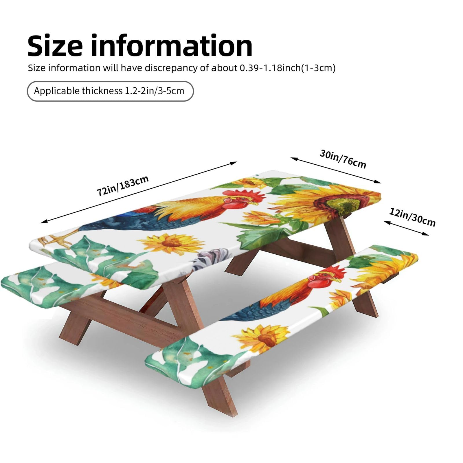 Nappe de pique-nique ajustée avec housses de banc, nappe de camping imperméable pour l'extérieur - Motif tournesol aquarelle - 183 cm